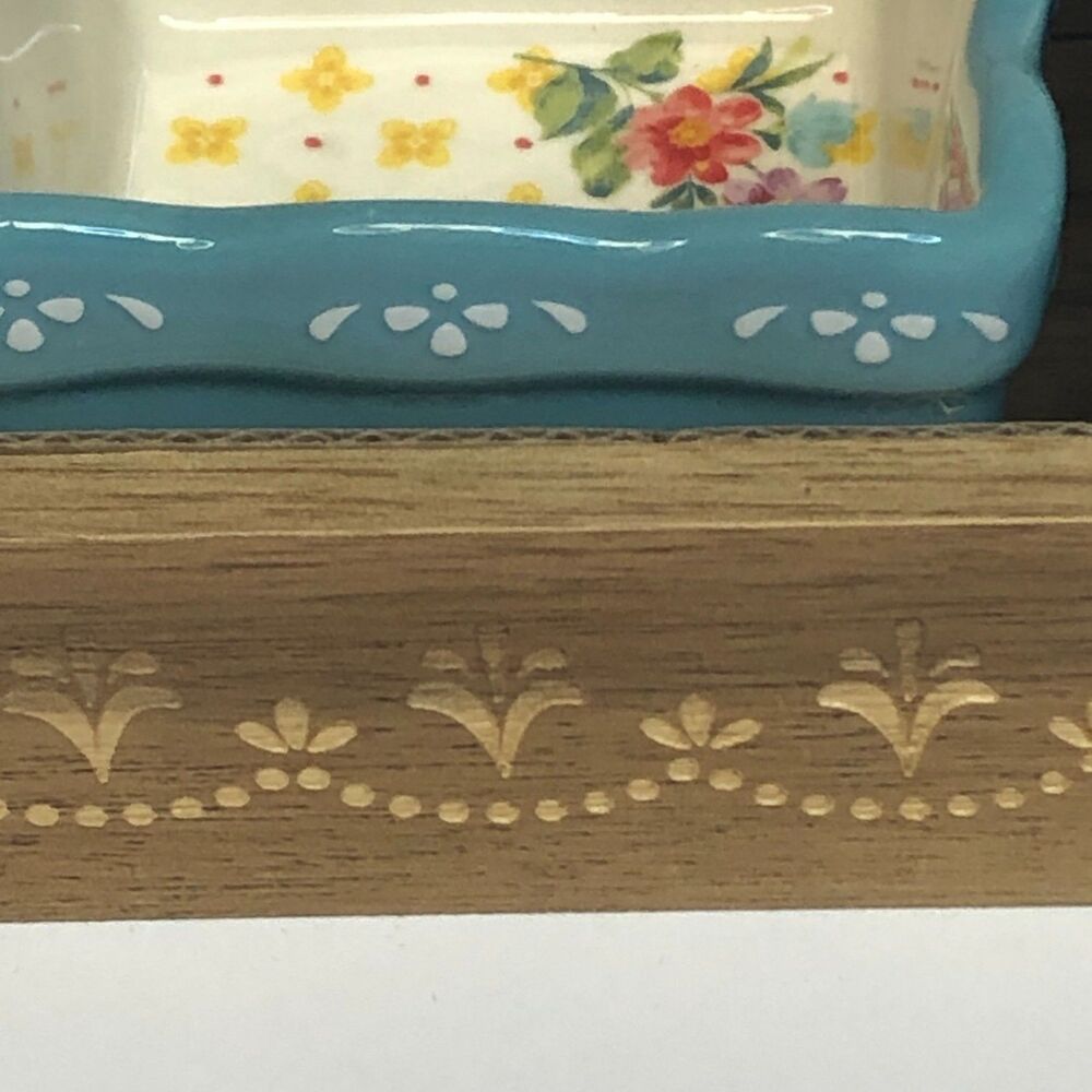 Pioneer Woman Blooming Bouquet Condiment Dish Set Mini Dip Square Bowl Wood Tray - Picture 5 of 11